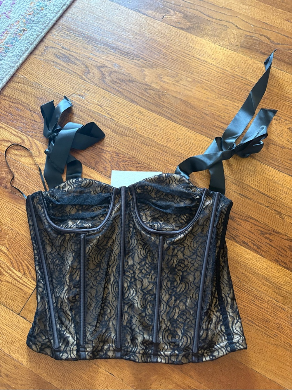Black Lace Ribbon-Shoulder Bustier Top